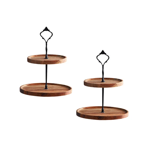2 X 15cm 2 Tier Brown Round Wooden Acacia Dessert Tray Cake Snacks Cupcake Stand Buffet Serving Countertop Decor