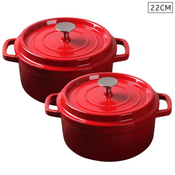 2 X Cast Iron 22cm Enamel Porcelain Stewpot Casserole Stew Cooking Pot With Lid Red