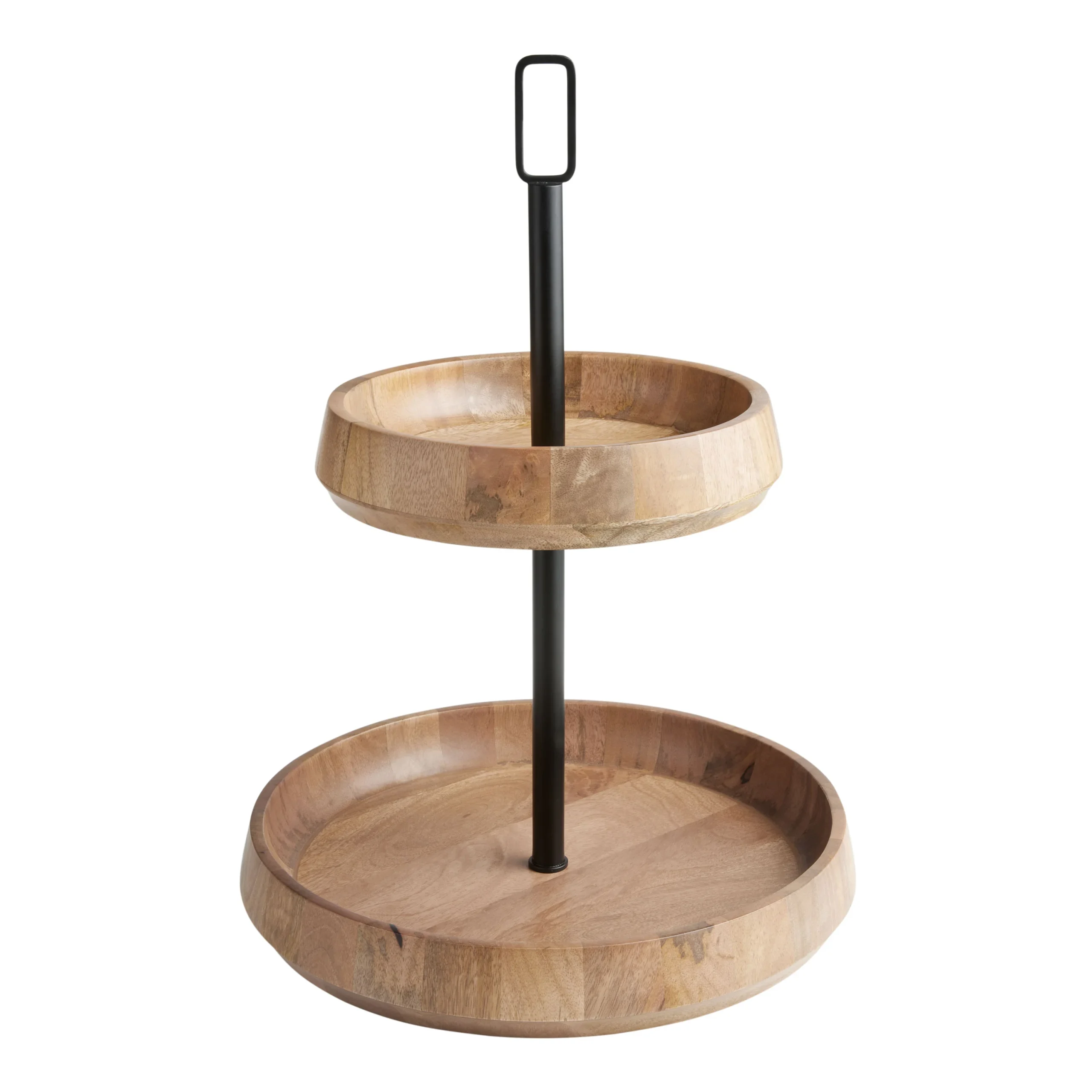 Light Mango Wood And Black Metal Modern 2 Tier Serving Stand