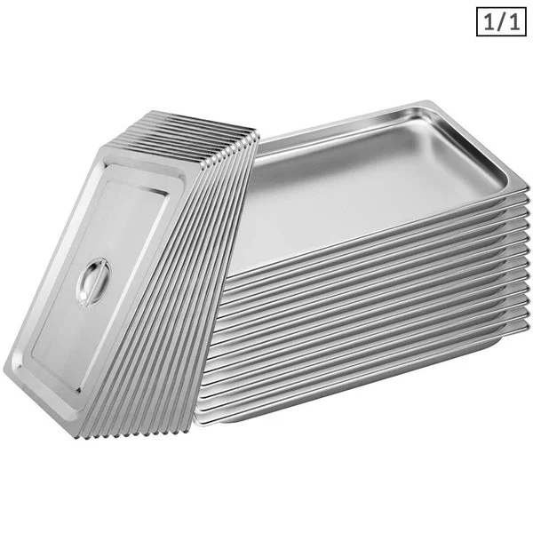 12 X Gastronorm Gn Pan Full Size 1/1 Gn Pan 2cm Deep Stainless Steel Tray With Lid