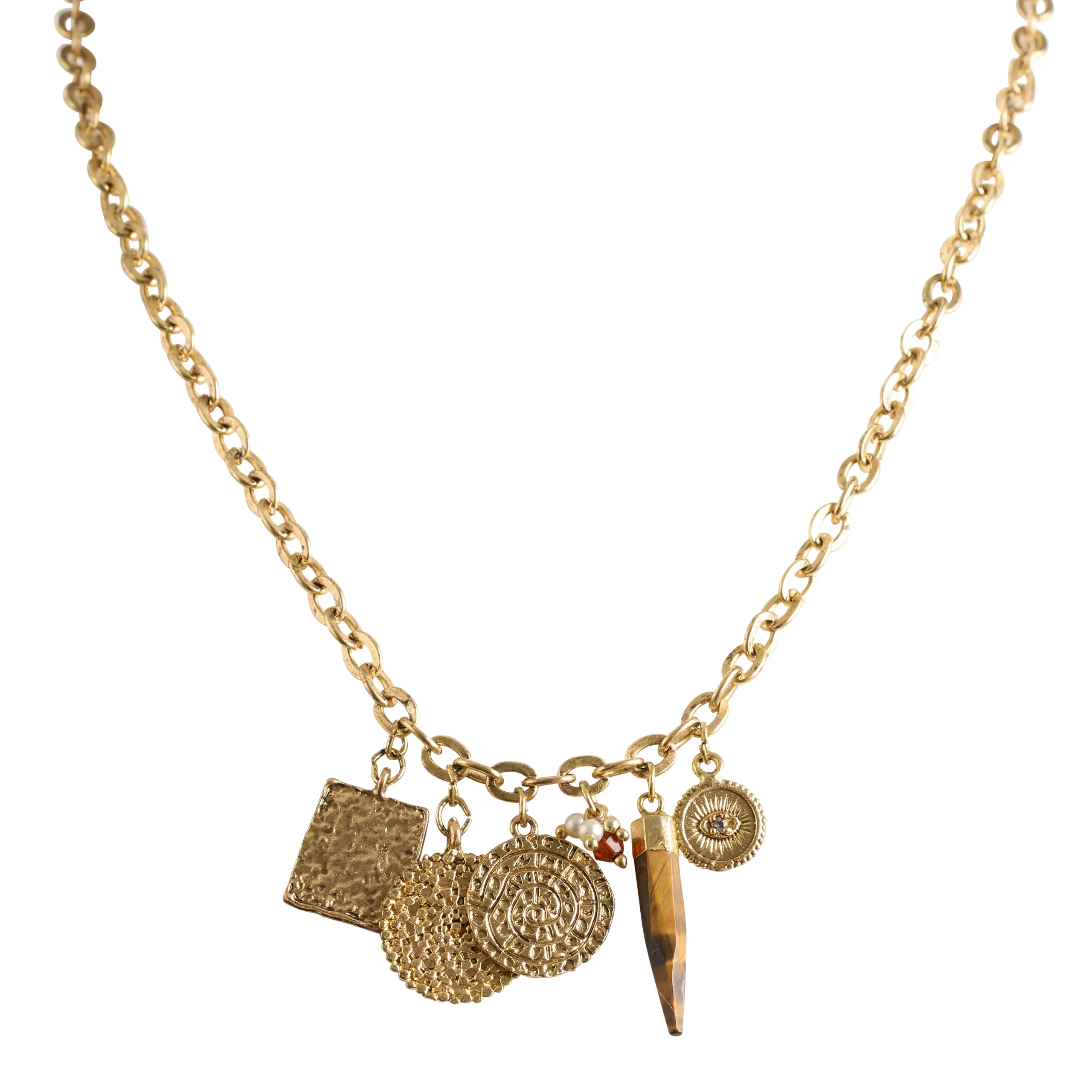 14k Gold Plated Semiprecious Tiger's Eye Coin Charm Necklace