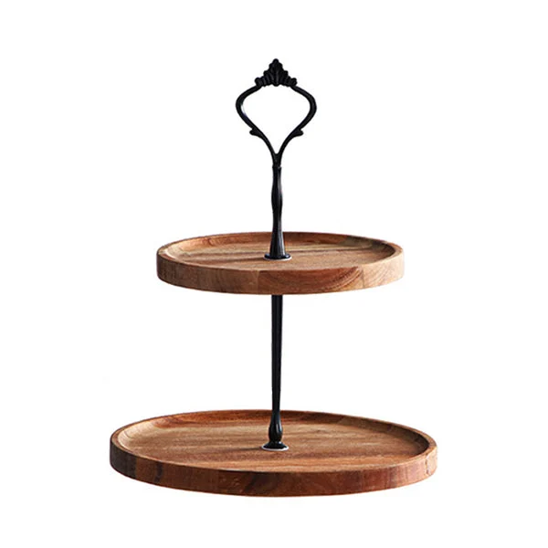 15cm 2 Tier Brown Round Wooden Acacia Dessert Tray Cake Snacks Cupcake Stand Buffet Serving Countertop Decor