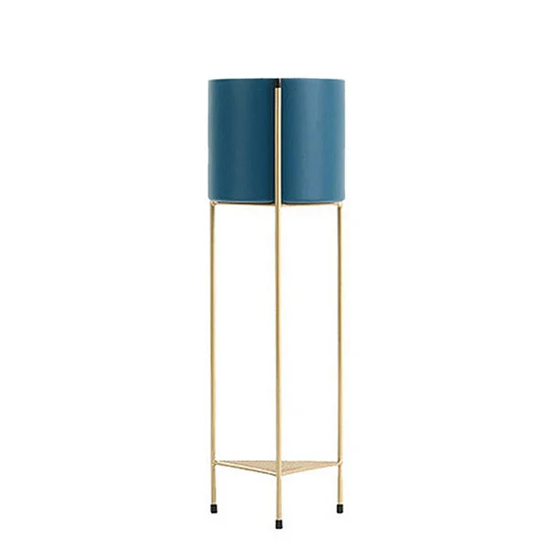2 Layer 65cm Gold Metal Plant Stand With Blue Flower Pot Holder Corner Shelving Rack Indoor Display