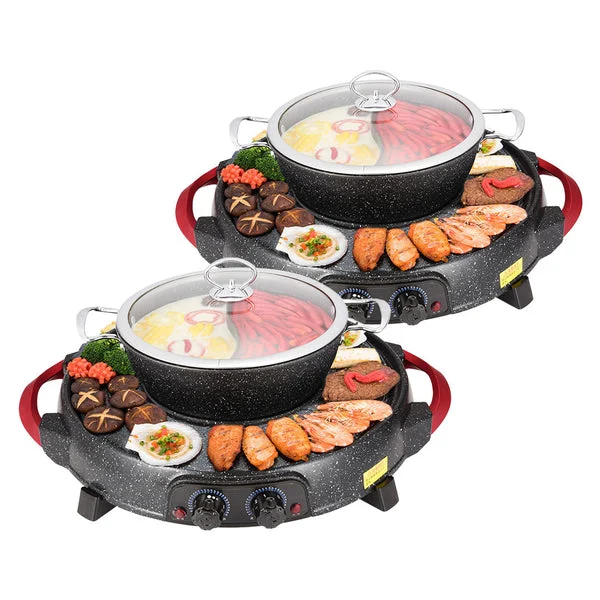 2 X 2 In 1 Electric Stone Coated Grill Plate Steamboat Two Division Hotpot