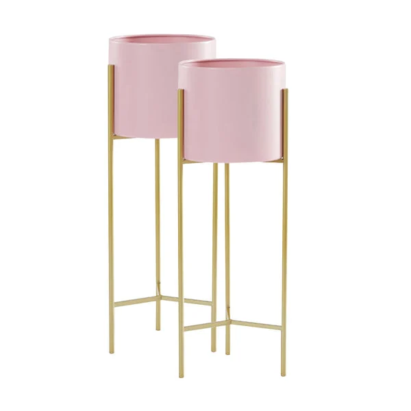 2 X 2 Layer 60cm Gold Metal Plant Stand With Pink Flower Pot Holder Corner Shelving Rack Indoor Display