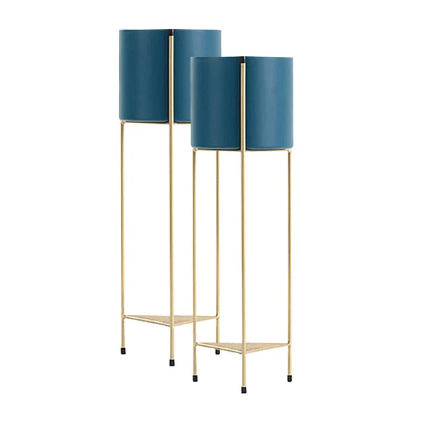2 X 2 Layer 65cm Gold Metal Plant Stand With Blue Flower Pot Holder Corner Shelving Rack Indoor Display