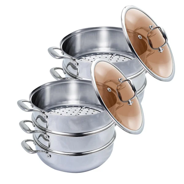 2 X 3 Tier 32cm Heavy Duty Stainless Steel Food Steamer Vegetable Pot Stackable Pan Insert With Glass Lid