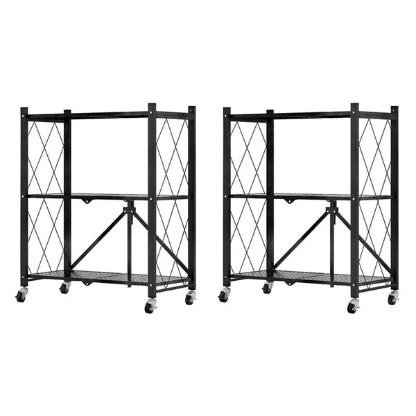 2 X 3 Tier Steel Black Foldable Kitchen Cart Multi Functional Shelves Portable Storage Organizer With Wheels