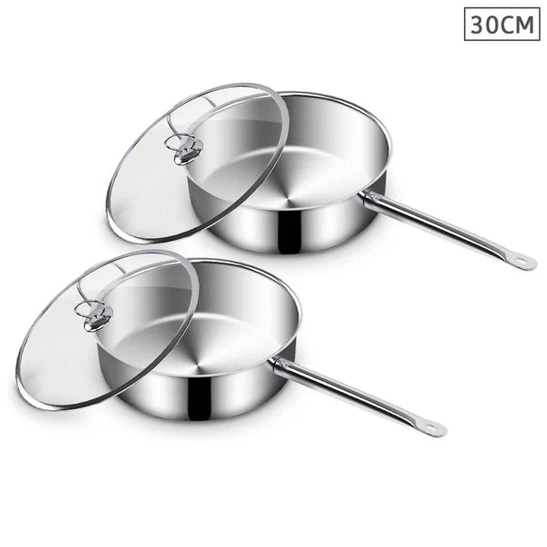 2 X 30cm Stainless Steel Saucepan Sauce Pan With Glass Lid And Helper Handle Triple Ply Base Cookware