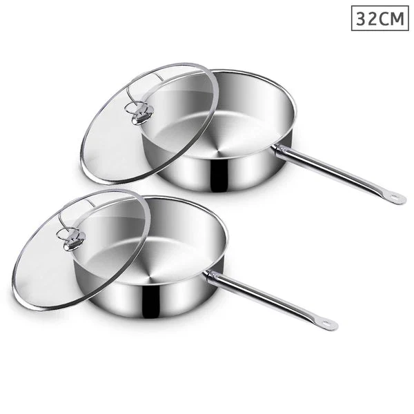 2 X 32cm Stainless Steel Saucepan Sauce Pan With Glass Lid And Helper Handle Triple Ply Base Cookware