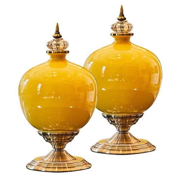2 X 38cm Ceramic Oval Flower Vase With Gold Metal Base Yellow