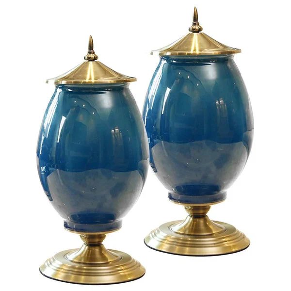 2 X 40cm Ceramic Oval Flower Vase With Gold Metal Base Dark Blue