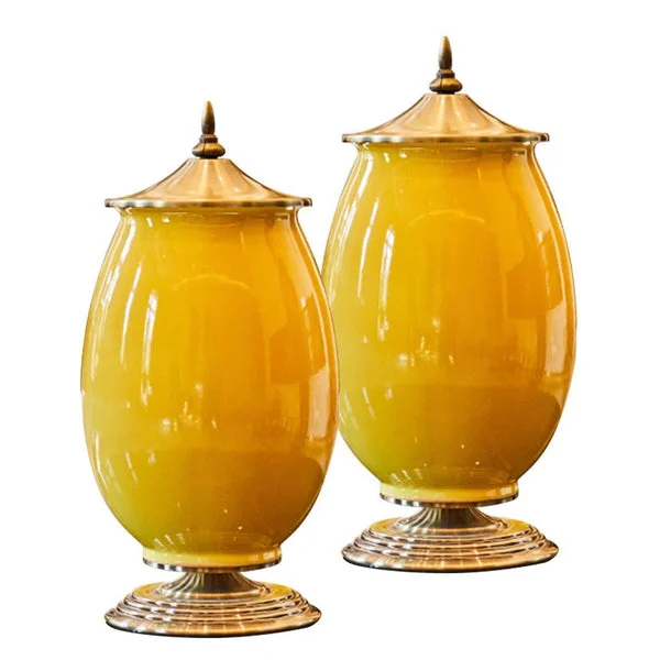 2 X 40cm Ceramic Oval Flower Vase With Gold Metal Base Yellow