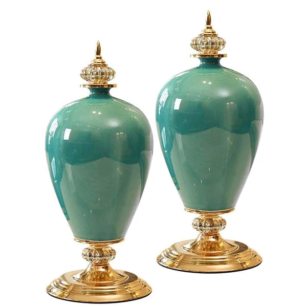 2 X 42cm Ceramic Oval Flower Vase With Gold Metal Base Green