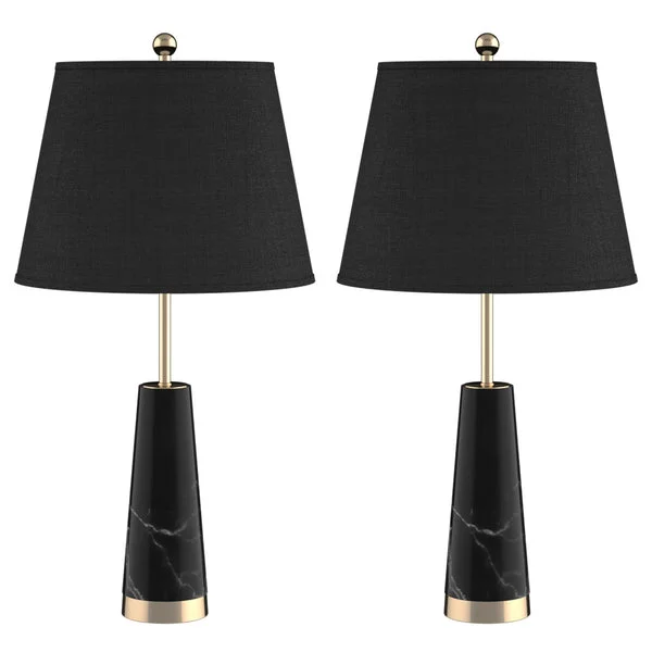 2 X 68cm Black Marble Bedside Desk Table Lamp Living Room Shade With Cone Shape Base