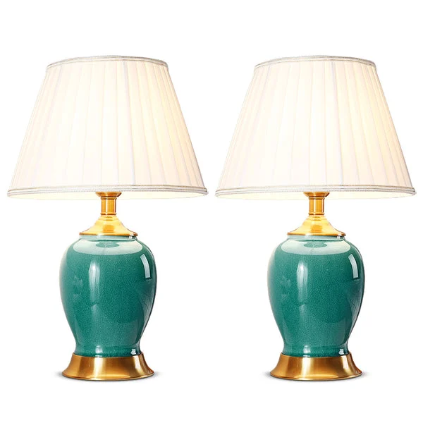 2 X Ceramic Oval Table Lamp With Gold Metal Base Desk Lamp Green