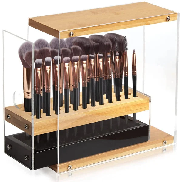 31 Holes Acrylic Bamboo Brush Holder Organiser Beauty Cosmetic Display Stand with Leather Drawer Black (22.3 x 8.6 x 21.5 cm)