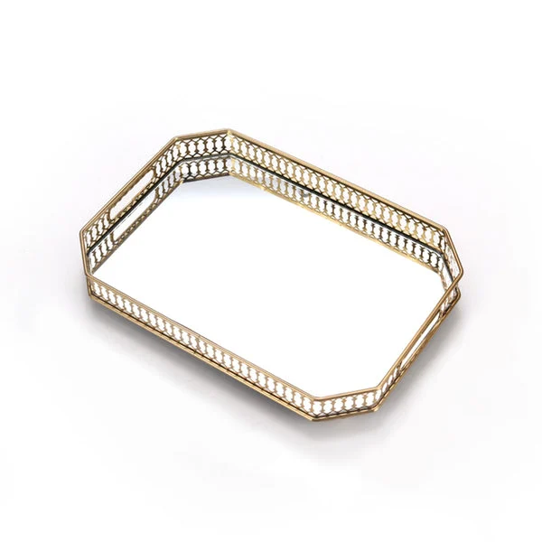 35cm Gold Rectangle Ornate Mirror Glass Metal Tray Vanity Makeup Perfume Jewelry Organiser With Handles