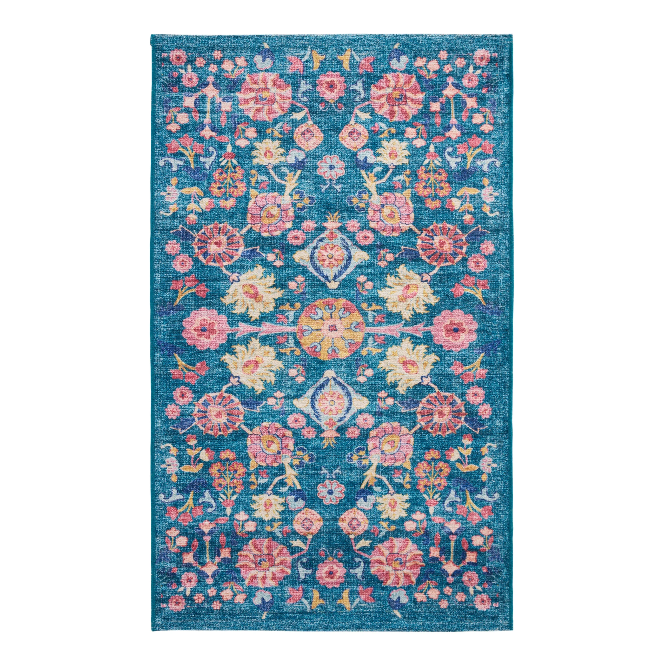 Arista Pink and Teal Floral Medallion Washable Area Rug