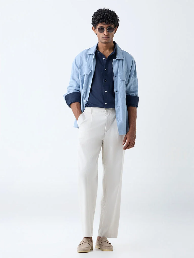 Ascot Beige Relaxed-Fit Mid-Rise Cotton-Blend Trousers