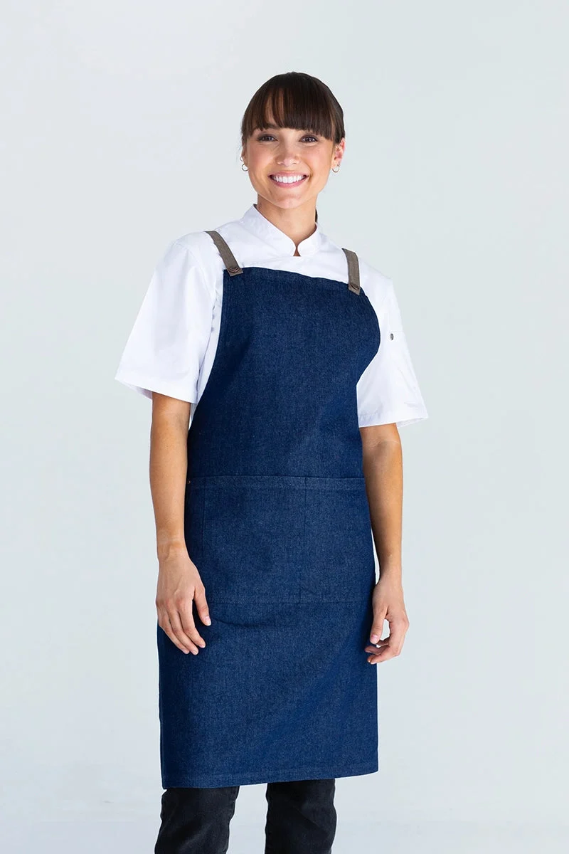 Aussie Chef Bella Bib Apron - Blue - Latte Straps