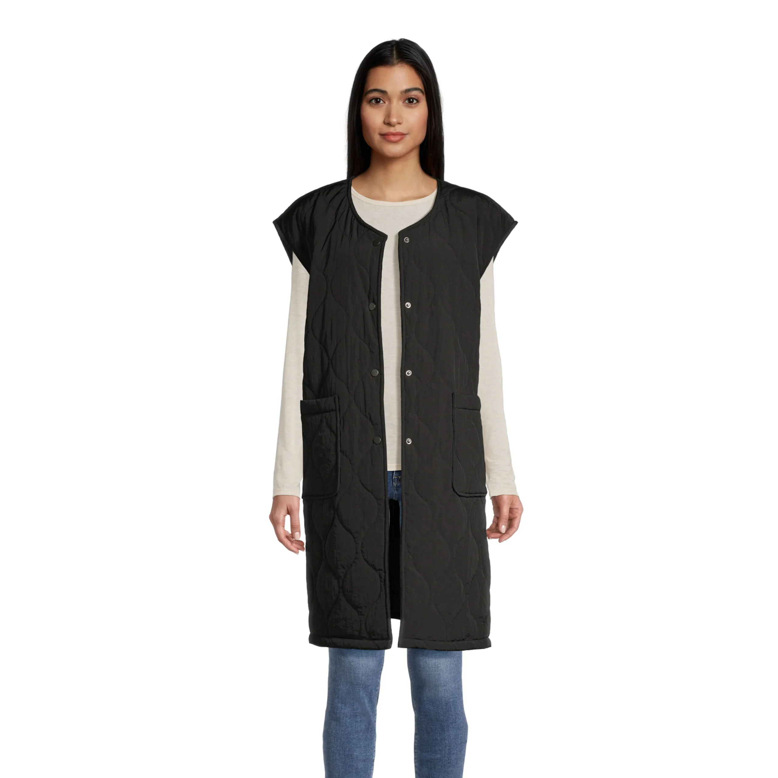 Black Longline Quilted Vest with Pockets