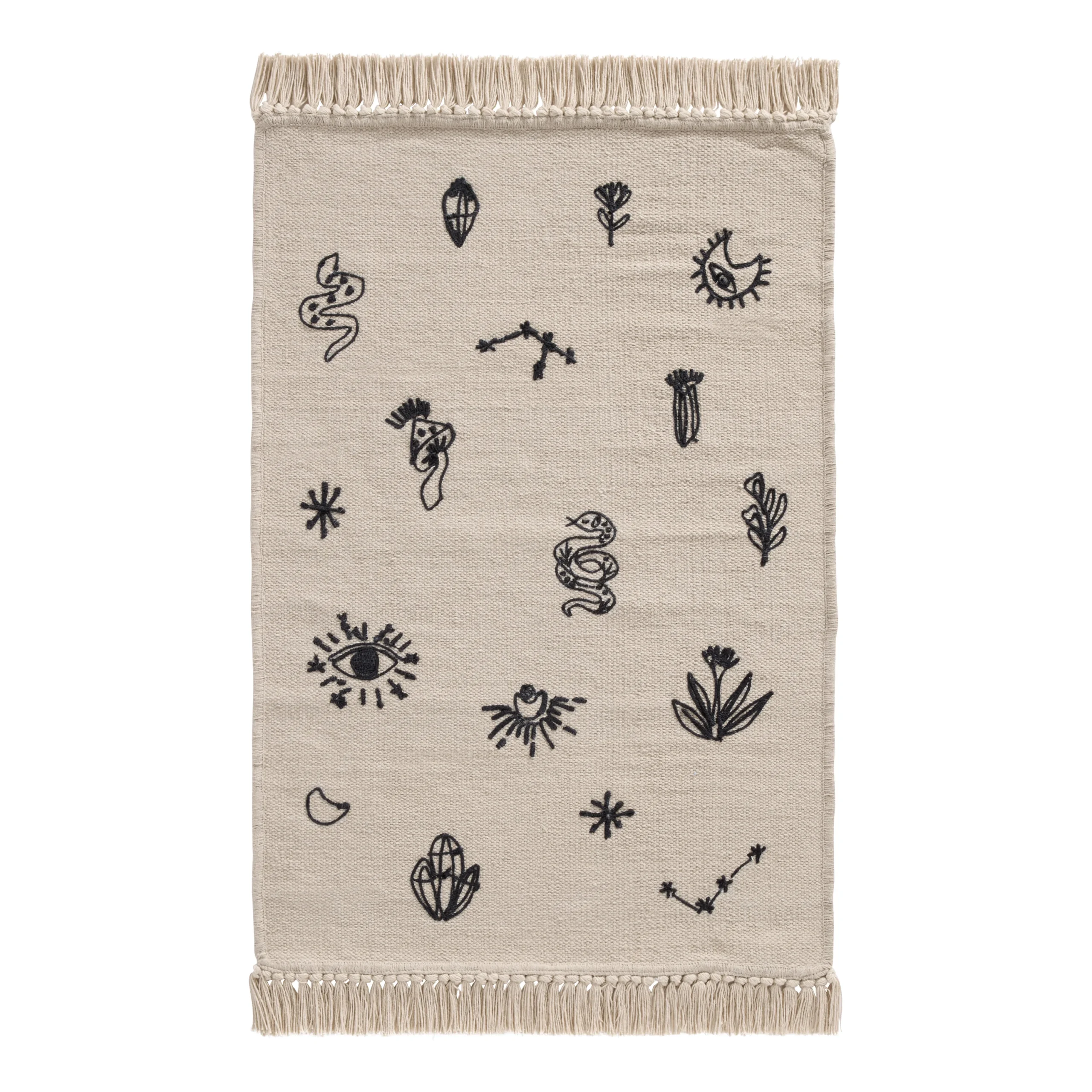 Black Mystic Symbols Recycled Cotton Embroidered Area Rug