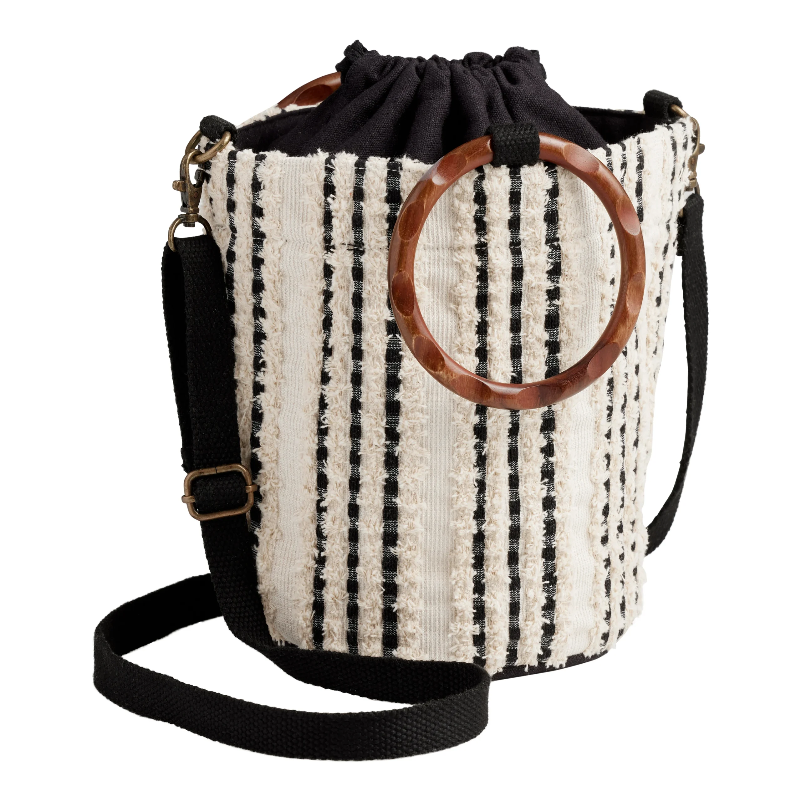 Black And Tan Stripe Bucket Bag with Ring Handles