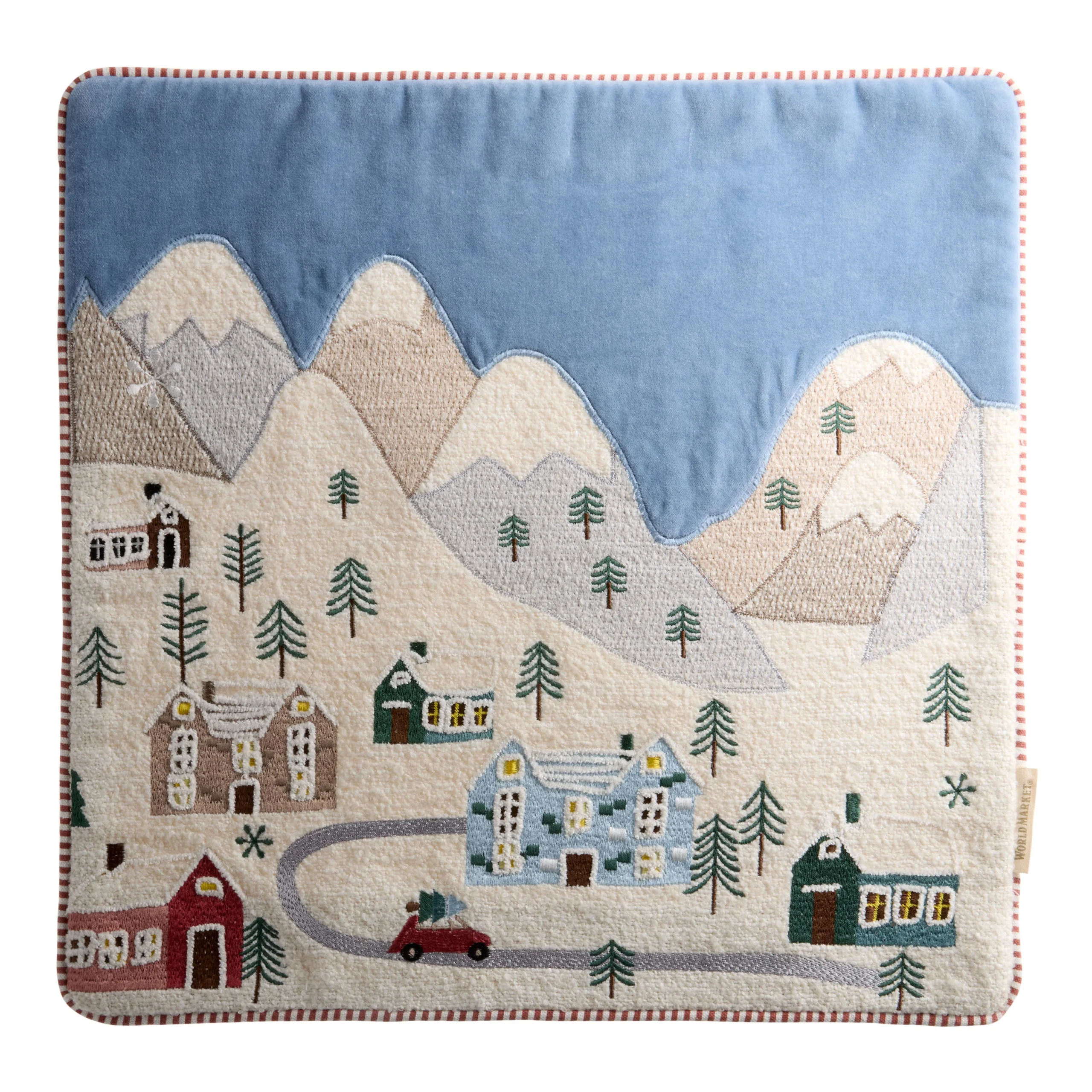 Blue and Ivory Snow Village Embroidered Throw Pillow Cover
