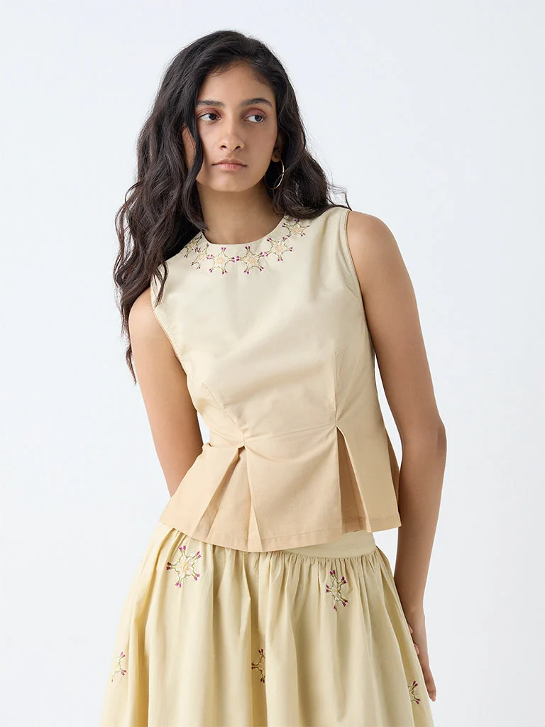 Bombay Paisley Beige Embroidered Cotton Peplum Top