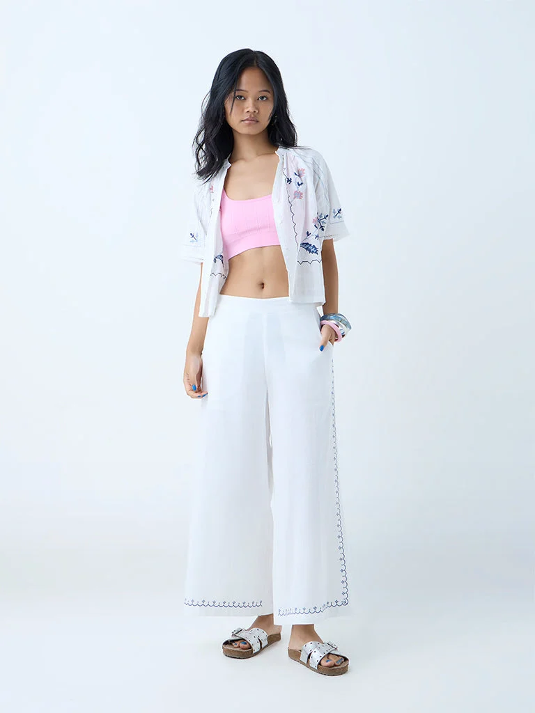 Bombay Paisley White Embroidered Cotton Palazzos