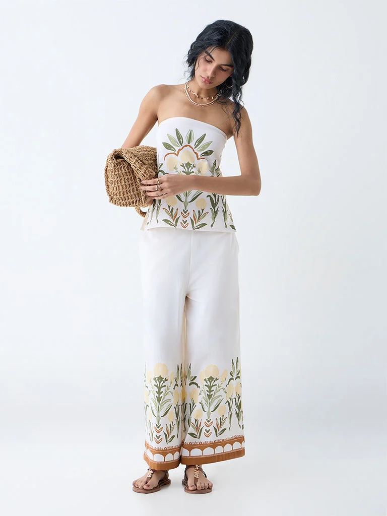 Bombay Paisley White Foliage Print Cotton-Blend Palazzos