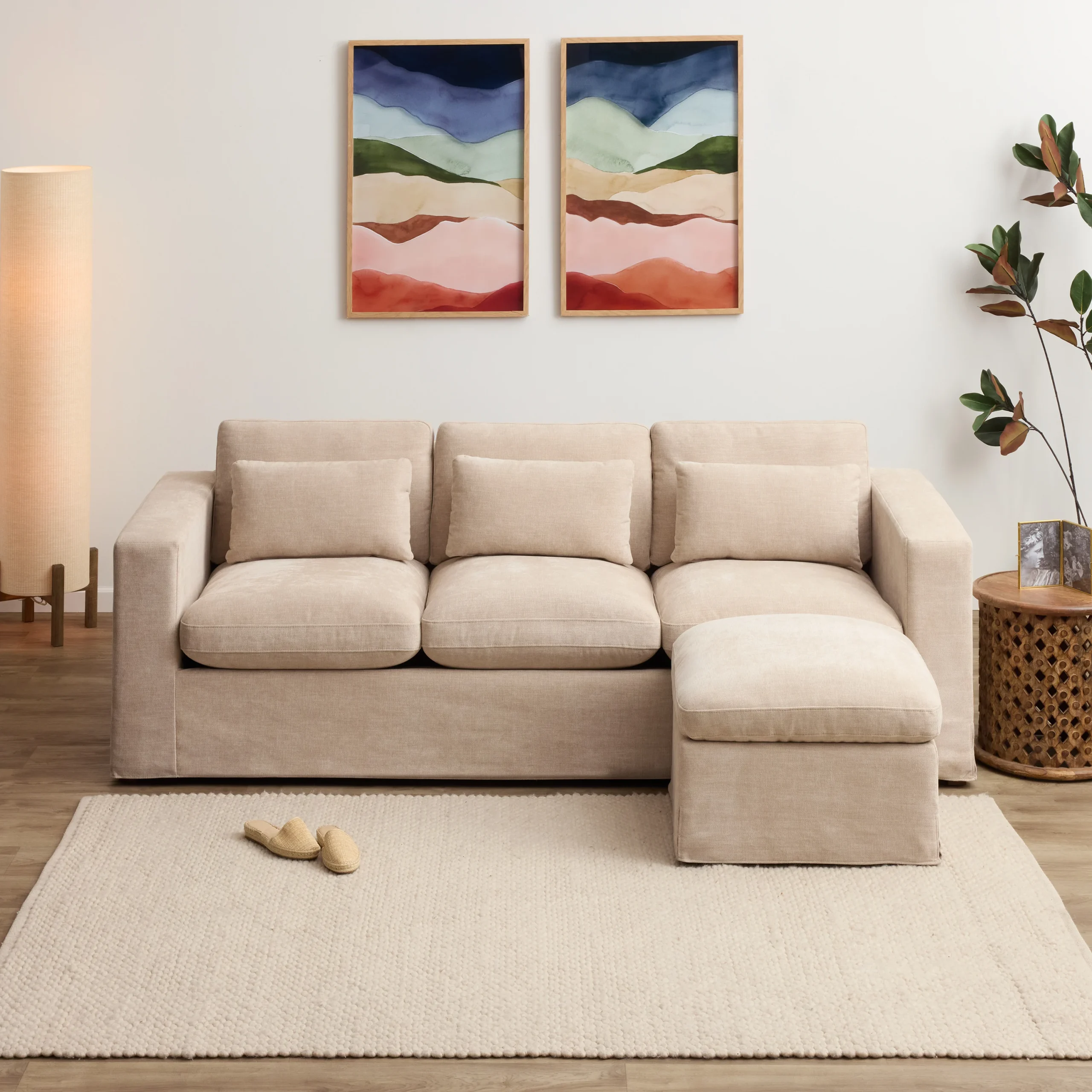 Carlyle Ivory Faux Slipcover Track Arm Sofa and Ottoman Set