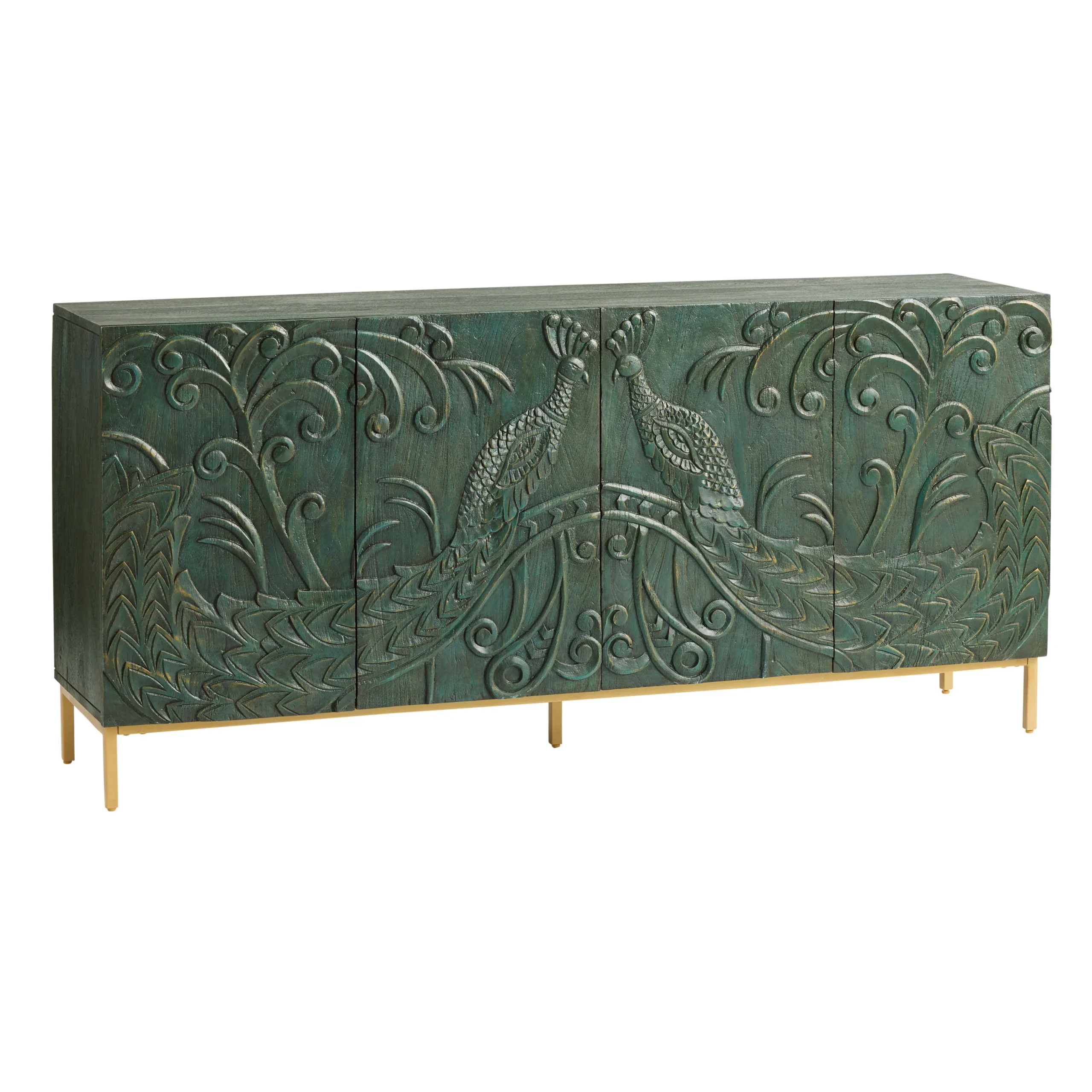 CRAFT Teal Hand Carved Wood Peacock 4 Door Storage Cabinet