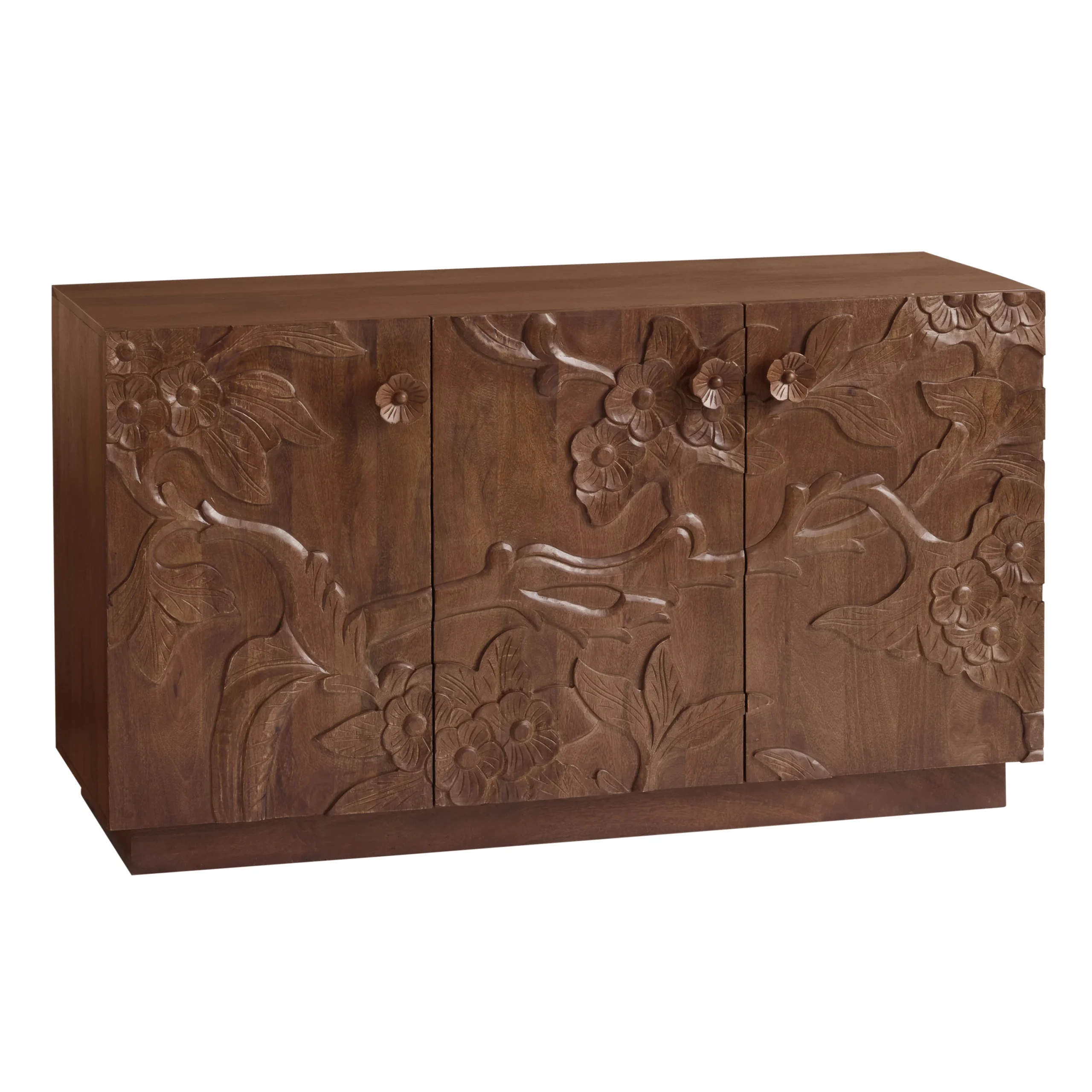 CRAFT Zian Hand Carved Wood Floral 3 Door Storage Cabinet