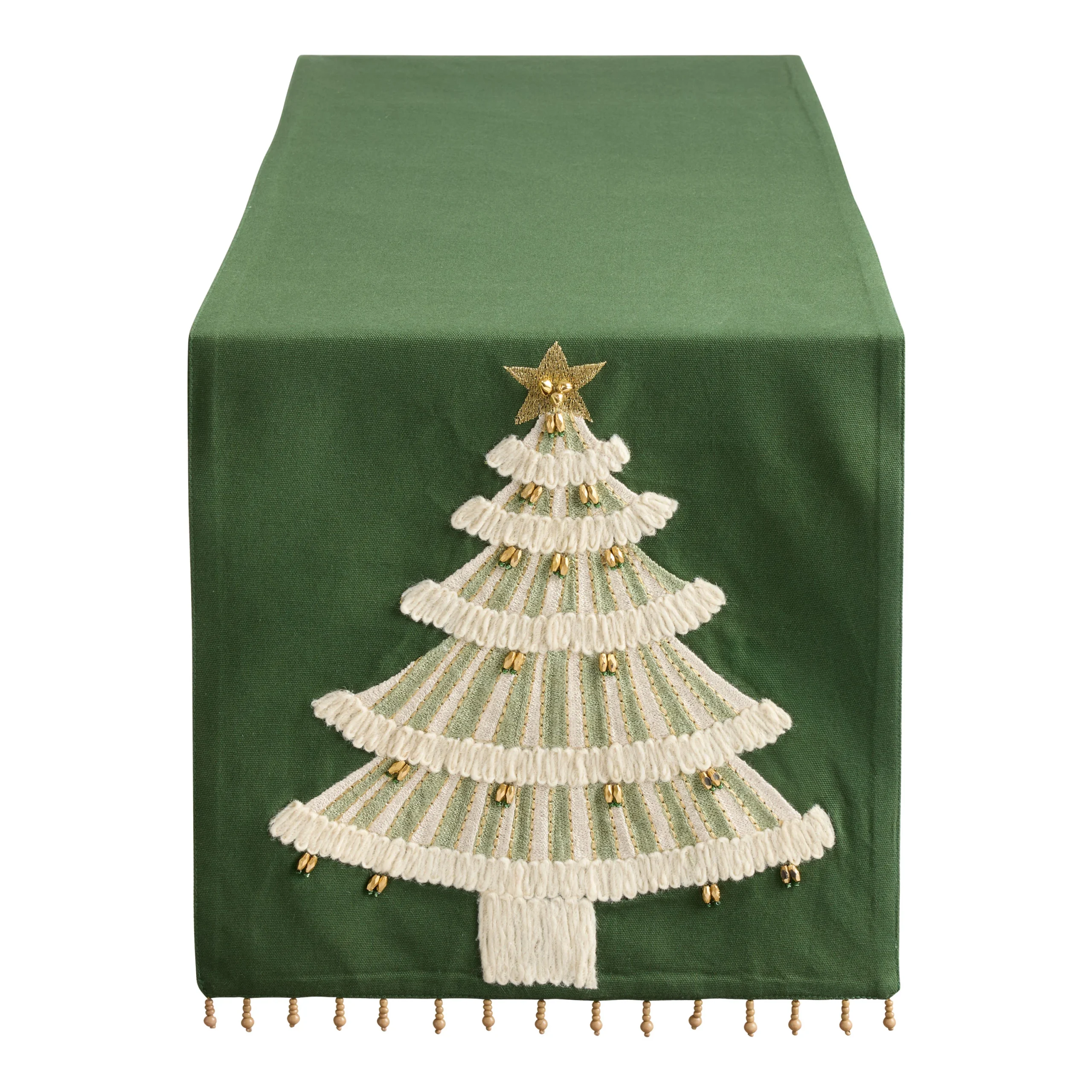 Green and Gold Christmas Tree Embroidered Beaded Table Runner