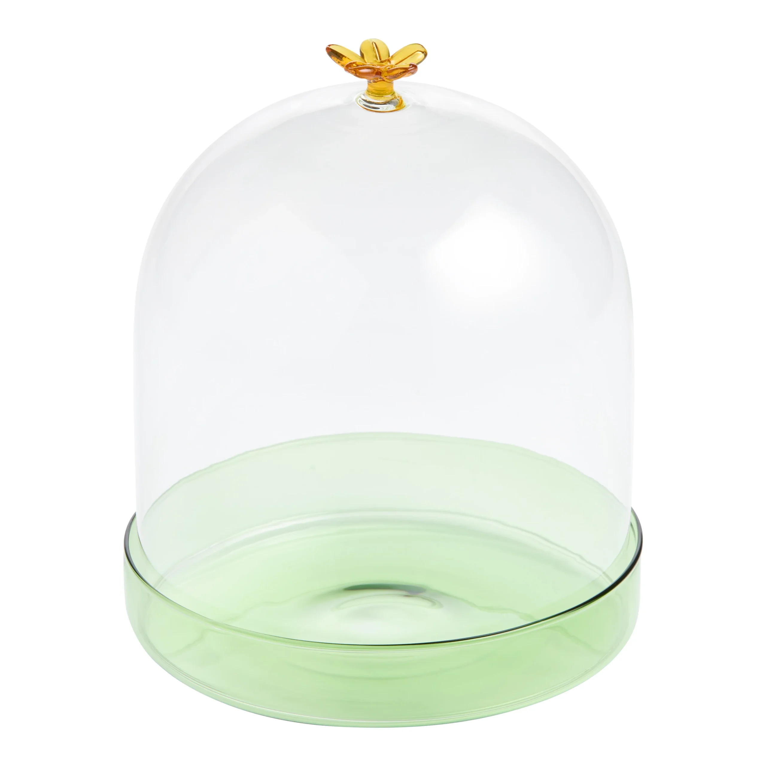 Green and Golden Yellow Glass Floral Cake Plate with Cloche