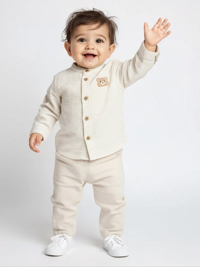 HOP Baby Boys Beige Checkered Cotton-Blend Shirt and Pants Set