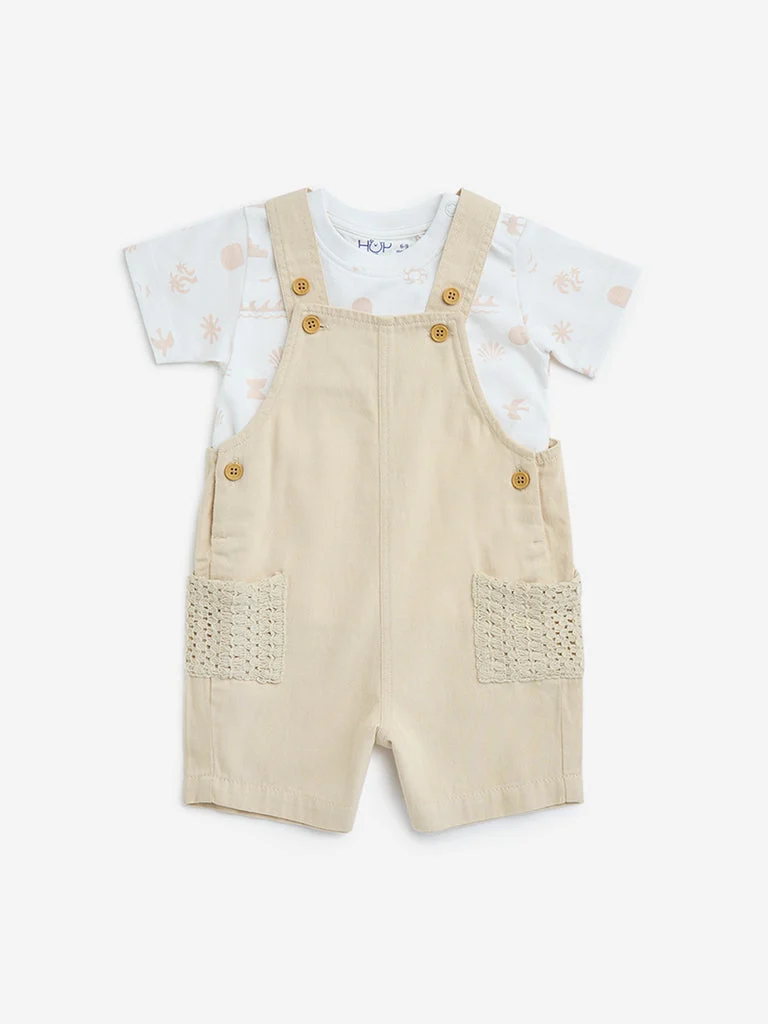 HOP Baby Boys Beige Cotton Dungaree with Printed T-Shirt Set