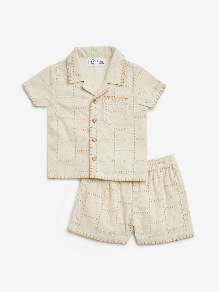 HOP Baby Boys Beige Crochet Cotton Shirt and Shorts Set