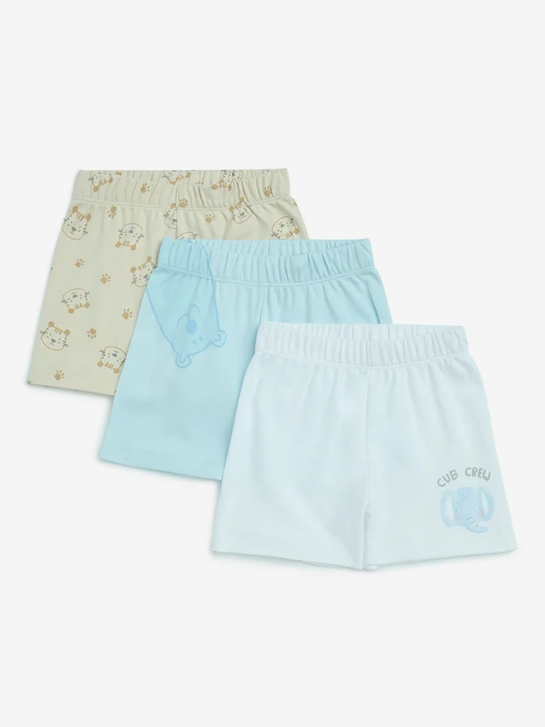 HOP Baby Boys Blue Animal Printed Cotton Shorts - Pack of 3