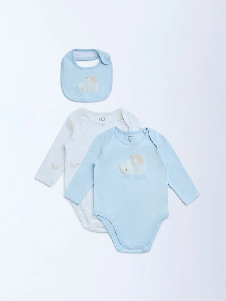 HOP Baby Boys Blue Printed Cotton Rompers with Bib - Pack of 2