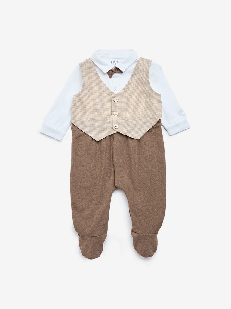 HOP Baby Boys Brown Bow-Tie Cotton Rompers with Bow