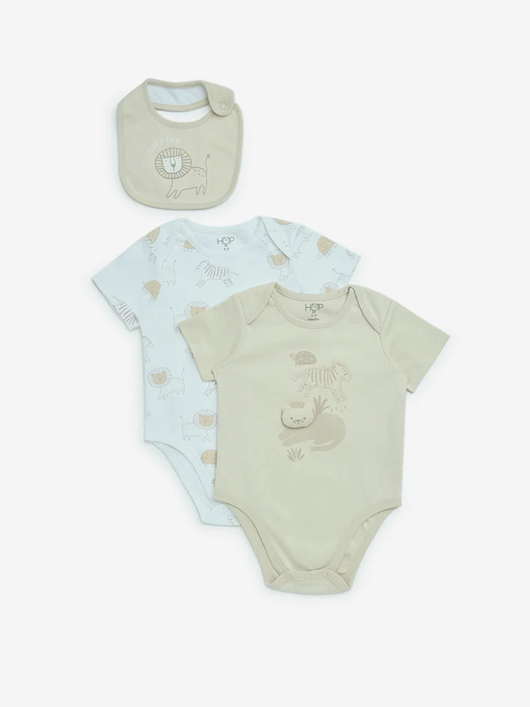 HOP Baby Boys Light Taupe Cotton Rompers with Bib - Pack of 2