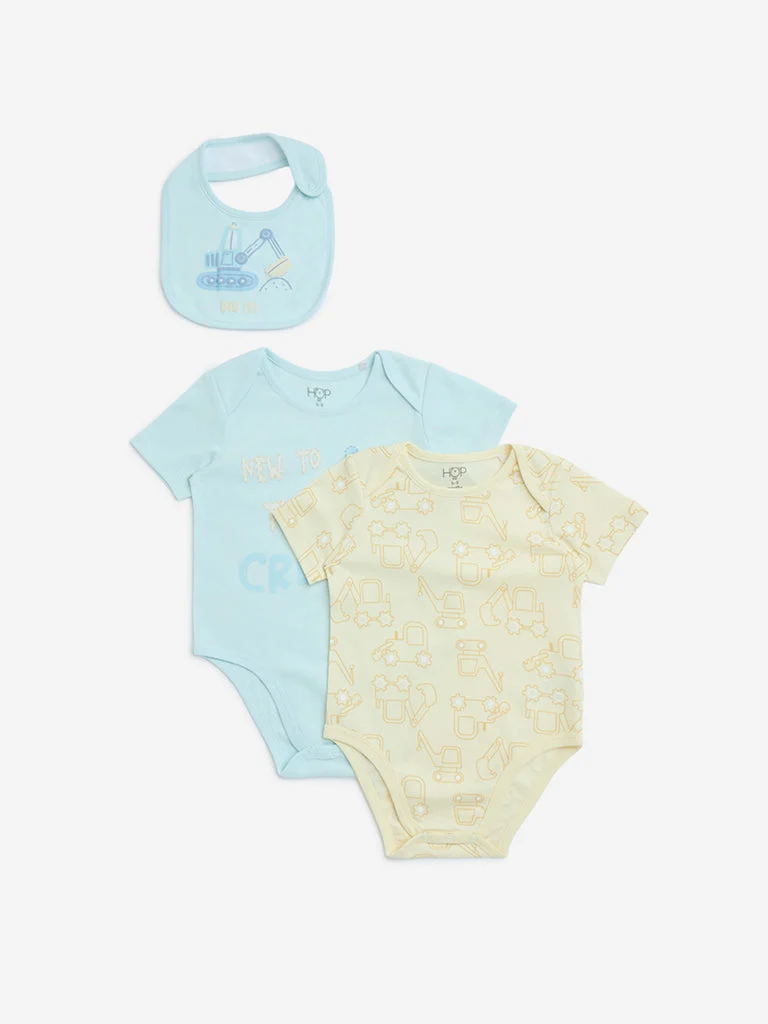 HOP Baby Boys Multicolour Cotton Rompers with Bib - Pack of 2