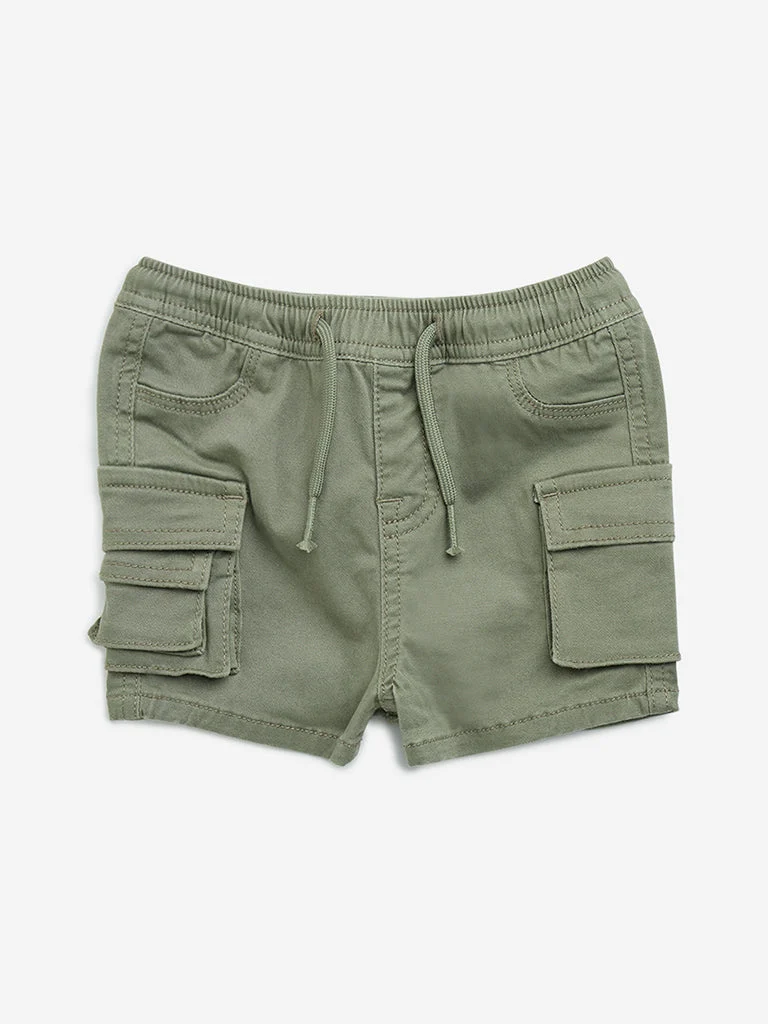 HOP Baby Boys Olive Cargo-Style Mid-Rise Cotton Shorts
