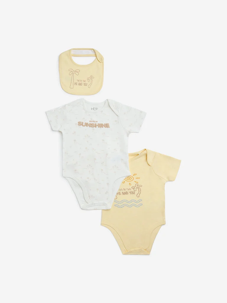 HOP Baby Boys Yellow Cotton Rompers with Bib - Pack of 2