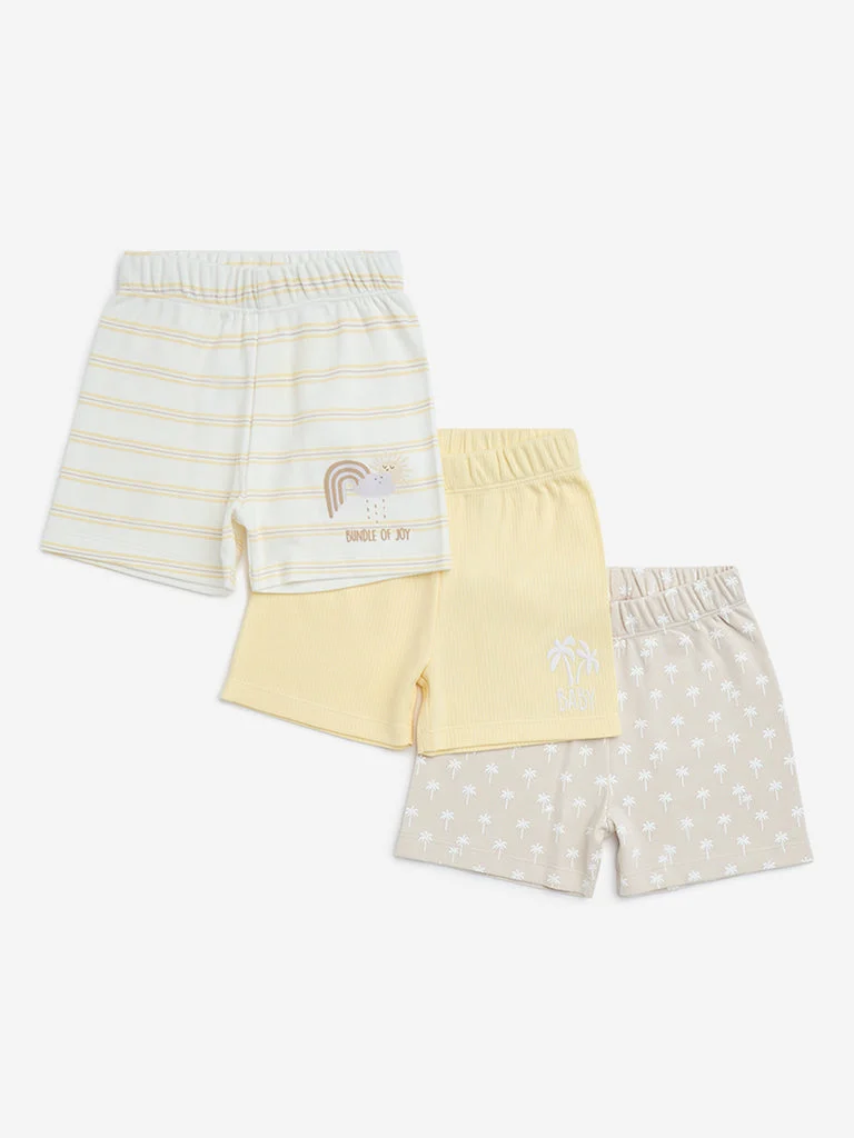HOP Baby Boys Yellow Printed Mid-Rise Cotton Shorts- Pack of 3
