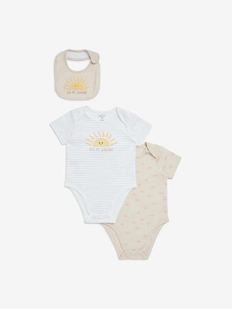 HOP Baby Girls Beige Printed Cotton Rompers with Bib - Set of 2
