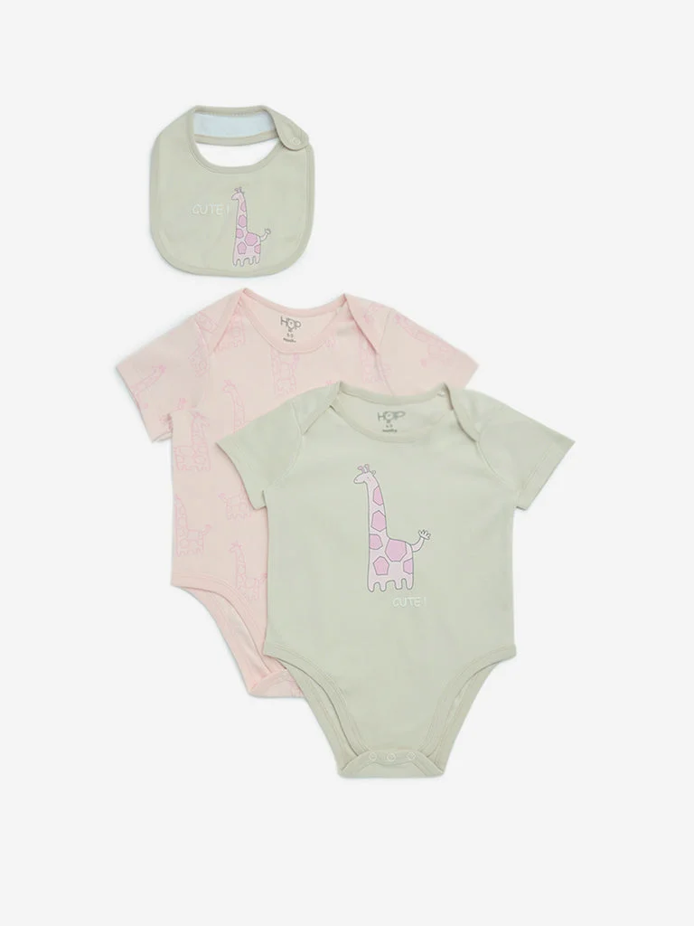 HOP Baby Girls Multicolour Cotton Rompers with Bib - Pack of 2